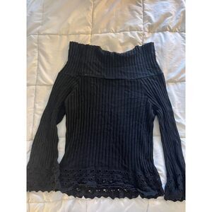 Rave Black Ribbed Off-Shoulder Sweater with Lace Detail - Women's Long Sleeve